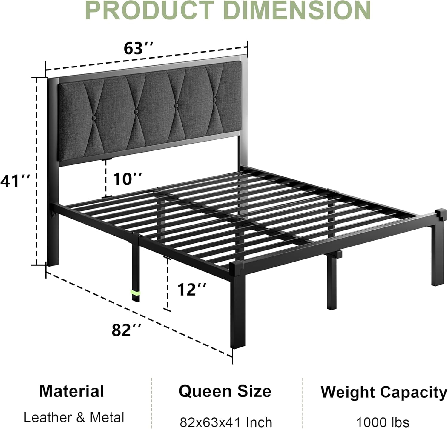 Feonase Queen Size Metal Bed Frame with Fabric Button Tufted Headboard,Heavy Duty Metal Slats, Noise Free, No Box Spring Needed, Dark Grey