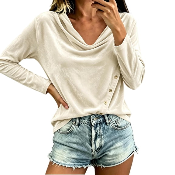 Womens Velvet Cowl Neck Tops Elegant Casual Long Sleeve Fall Winter Loose Fit Pullover Blouse Khaki S-2XL