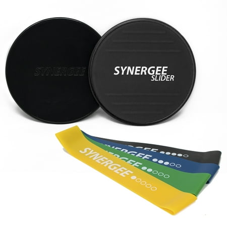 Synergee Core Sliders with Foot Grips and Resistance Bands - Strength and Ab Workout - Multi-purpose Fitness