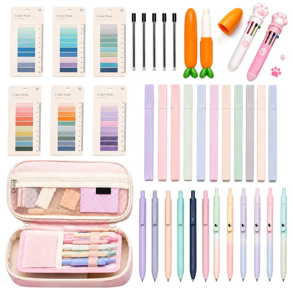 Rirool 39-Piece Pastel Stationery Set for Girls and Teens, Aesthetic School Supplies Kit with 6 Mechanical Pencils, 5 Gel Pens, 12 Highlighters, Refills, Sticky Notes, Erasers and Pencil Case