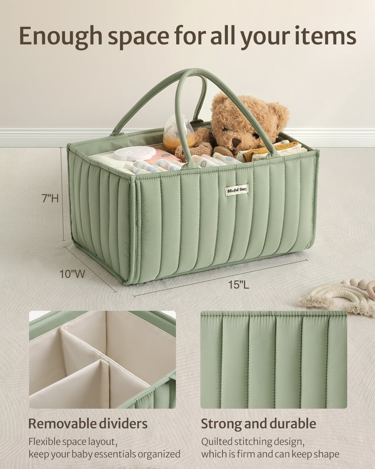 Blissful Diary Diaper Caddy Organizer,Baby Baskets for Baby Shower, Portable Nursery Changing Table Organizer, Diaper Bag, Infant Newborn Essentials Gift, Baby Registry Must Have, Sage Green
