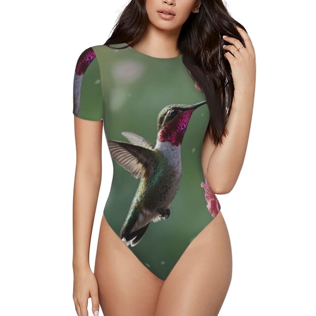 Bingfone Justaucorps à Col Rond pour Femmes, Motif Colibri, Manches Courtes, Serré, Adapté pour Fête, Sports, Usage Quotidien-TTG