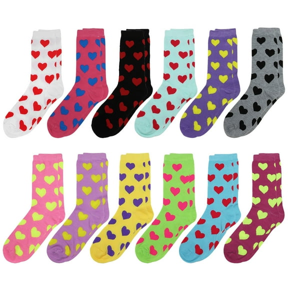 12 Pairs Women's Crew Socks Fancy Novelty Designed Size 9-11 Multicolor Assorted Hearts