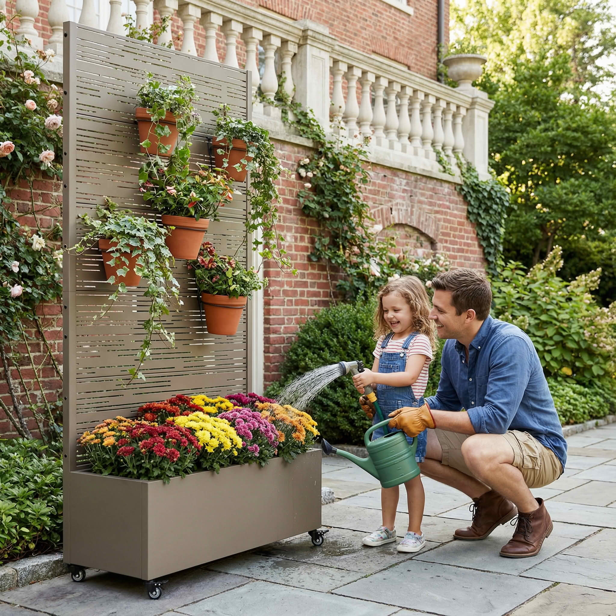 MAYEERTY 72X35" Metal Outdoor Olive Gray Privacy Screen with Planter Box for Backyard & Garden, 5 Piece Set