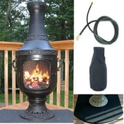 QBC Bundled Blue Rooster Venetian Chiminea with Natural Gas Kit, Half Round Flexbile Fire Resistent Chiminea Pad, Free Cover, and 20 ft Gas Line Charcoal Color - Plus Free EGuide
