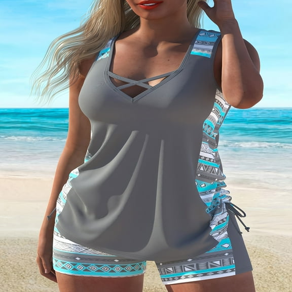 generic Two Piece Tankini Swimsuits for Women Plus Size Tummy Control Athletic Tankini Set Fashion Print Bathing Suits Gray L