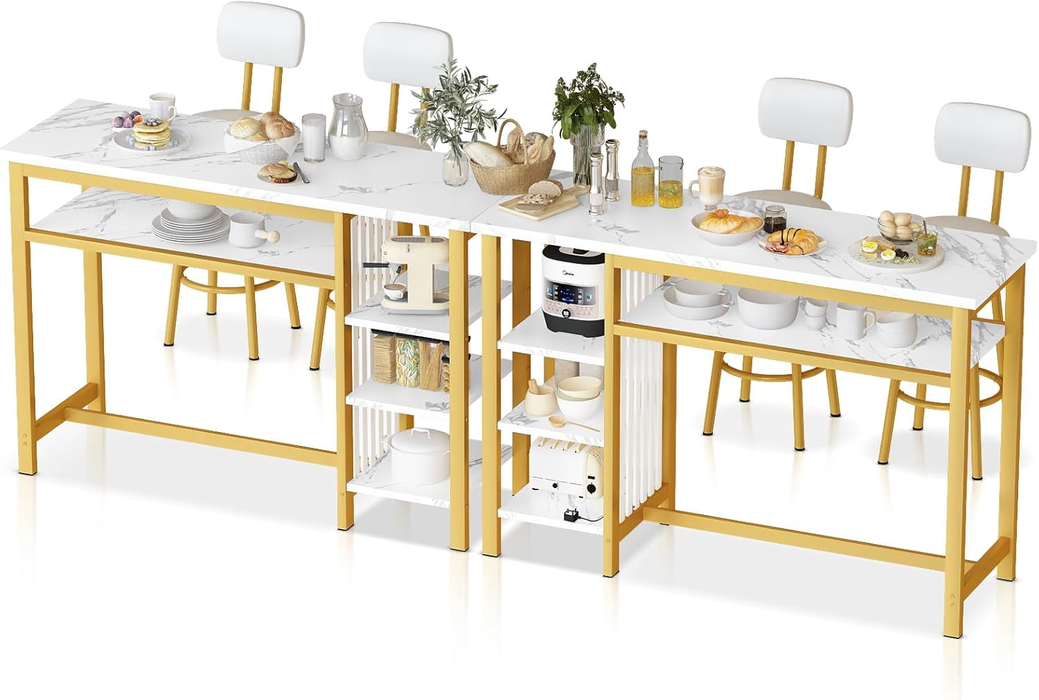 Cvortll Bar Table and Chairs Set, Kitchen Counter with 3 Tier Storage Shelves,3-Piece Faux Marble Table with 2 PU Cushion Bar Stools,White