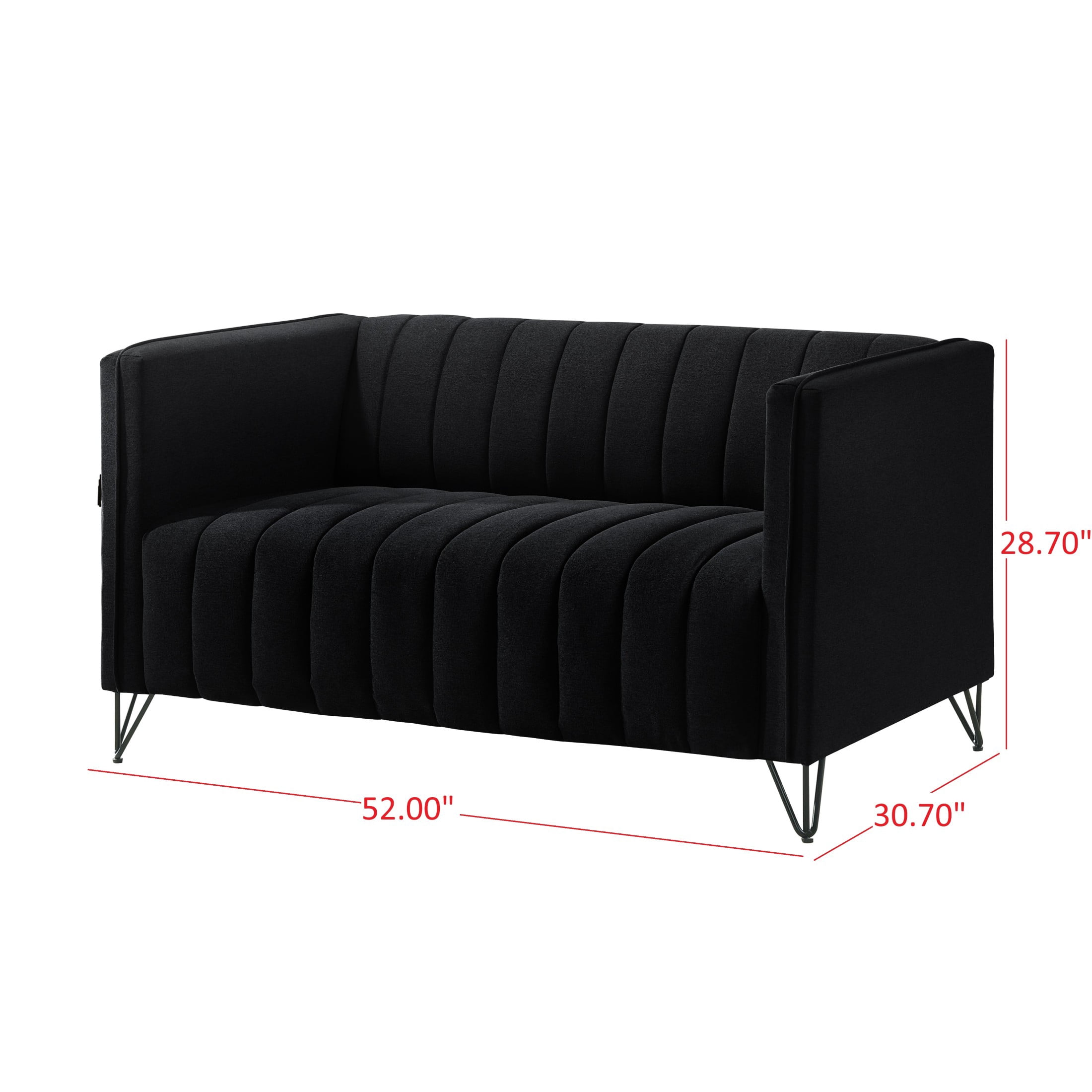Home Design Kurtis 2-Piece Living Room Set with Square Arm Loveseat and Sofa, Channel-Tufted Upholstery, Black