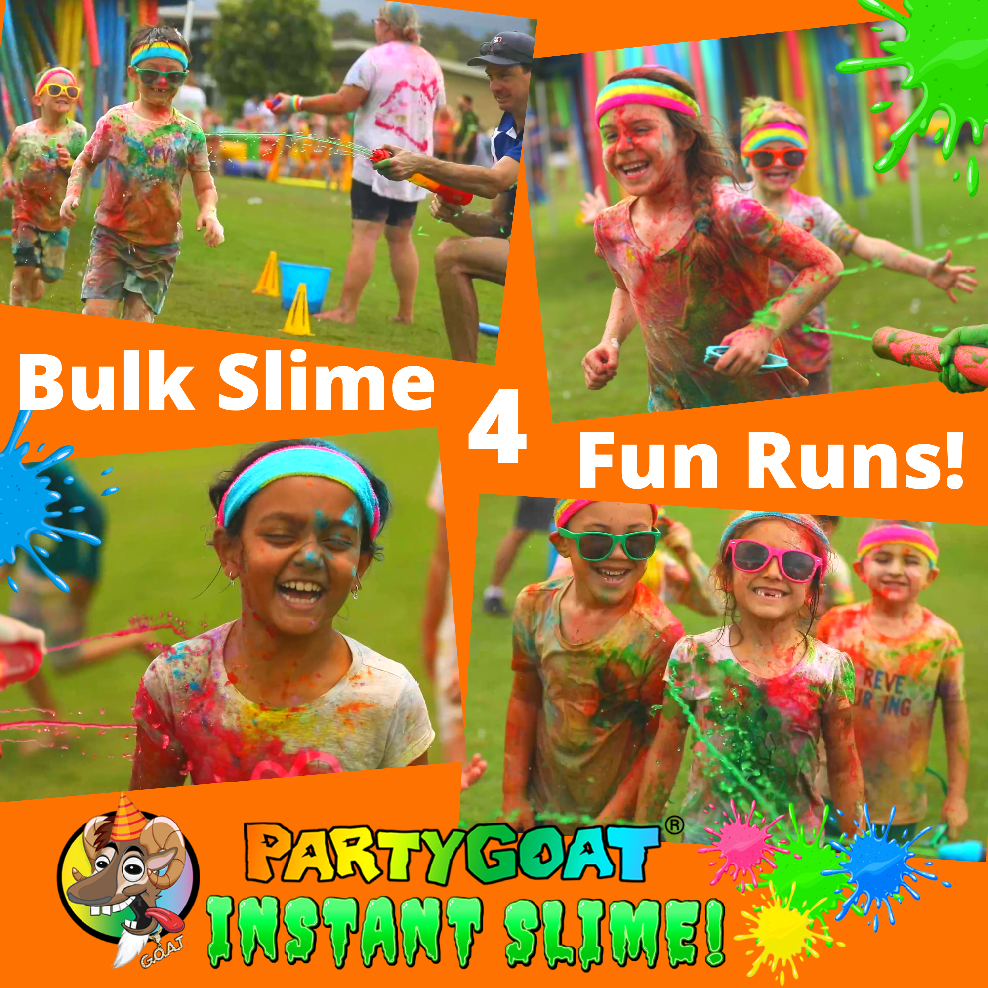 PARTY GOAT Instant Slime Powder for Slime Games & Color Runs, Bulk 4 Color Kit, 40 Gallons