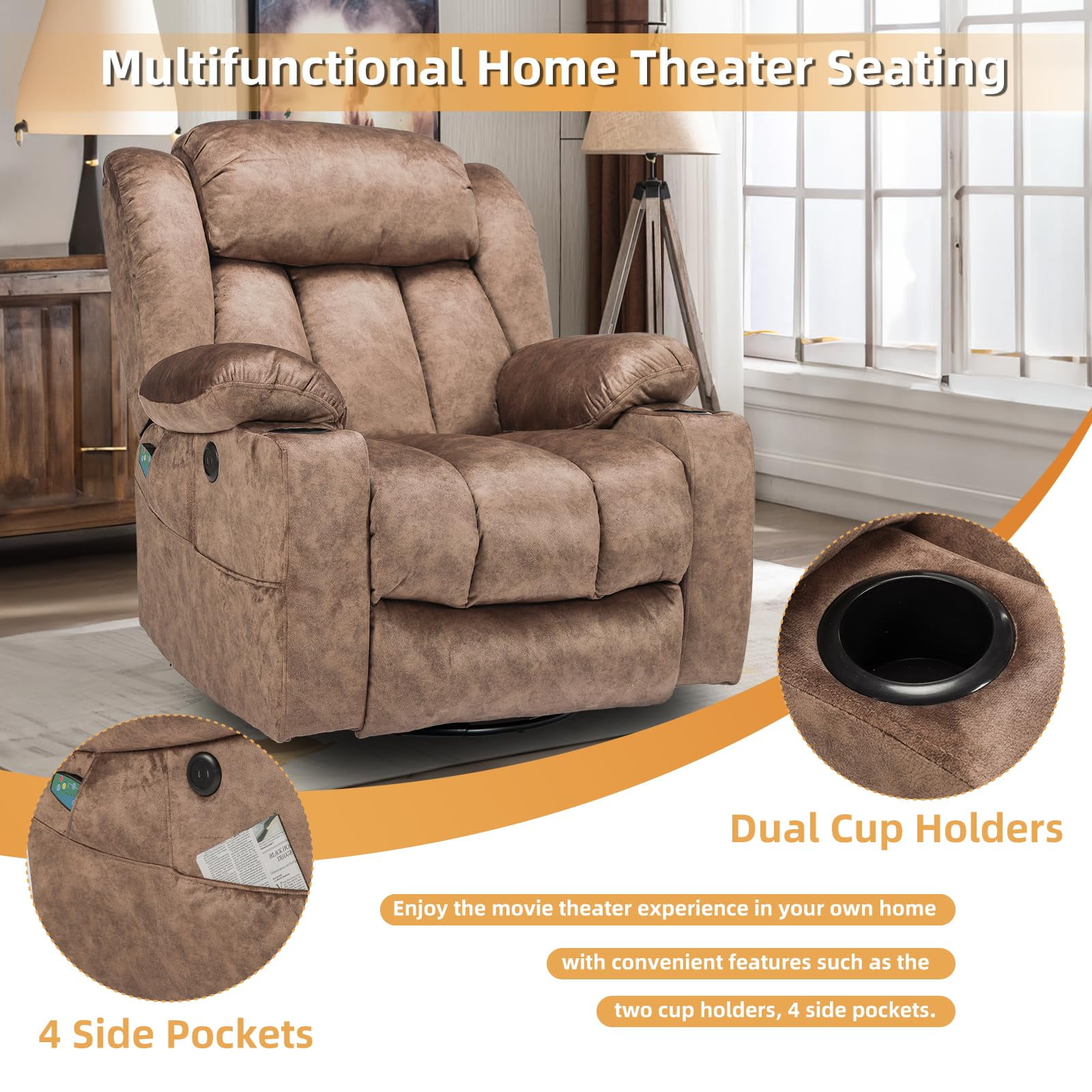 360° Swivel Glider Rocking Recliner Chair, Overstuffed Manual Massage Recliner with Heat and Vibration, Single Modern Sofa Home Seating for Living Room, Cup Holders/USB Ports (Plush-Brown)