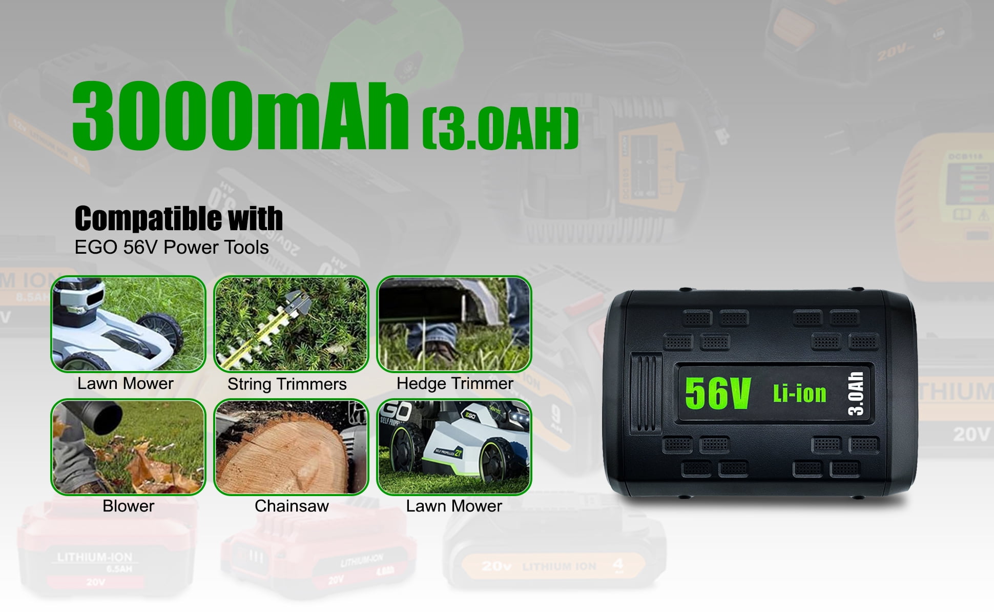 BA1400T 56V 3.0Ah Battery Replacement for EGO 56V Battery Power 3.0Ah BA1400 BA1400T 2.5Ah BA1400T BA2240 BA1120 Compatible with EGO 56V Lithium-Ion Battery Black