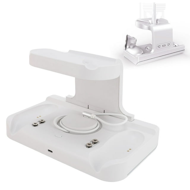 Station de Recharge pour Quest3S, Charge Rapide PD 18 W avec Lumière RVB, Support de Charge Vertical pour Casque VR et Manette avec 2 Piles Rechargeables, Port de Charge Type‐C, Blanc