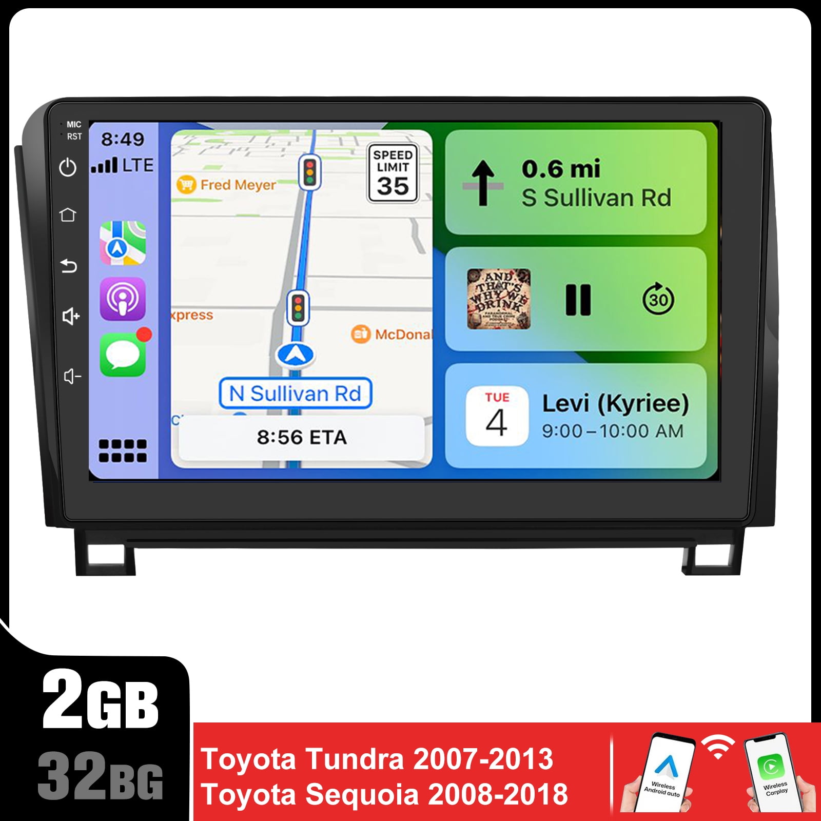 Android Car Stereo Radio for Toyota Tundra 2007-2010 & 2012-2013, Sequoia 2008-2018, 10.1 Inch Touchscreen with Wireless CarPlay & Android Auto Bluetooth WiFi Built-in GPS Navigation