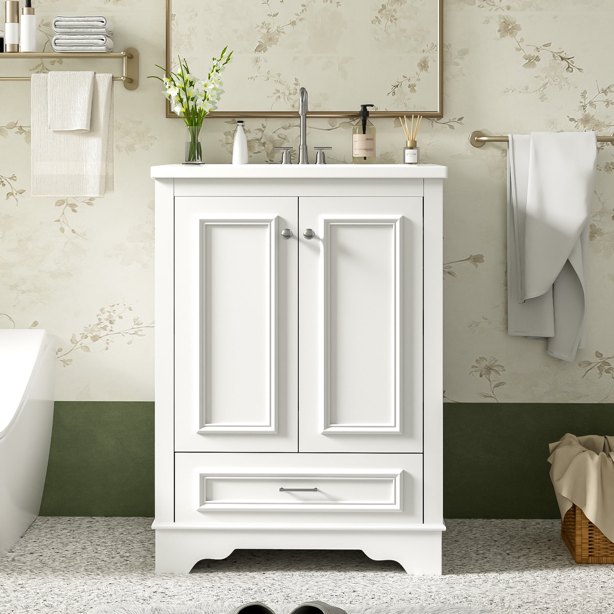 Euroco 24" Bathroom Vanity with Sink, Modern Bathroom Cabinet with Ceramic Basin & Adjustable Storage, Solid Wood Frame Vanity