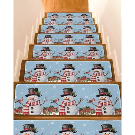 Light Blue Snowman Christmas Stair Treads for Wooden Steps Indoor Runner Rug Carpet Winter Snowflake Xmas Gifts 10 Pieces Peel and Stick Staircase Step Treads Covers Washable Throw Door Mats 30 x8