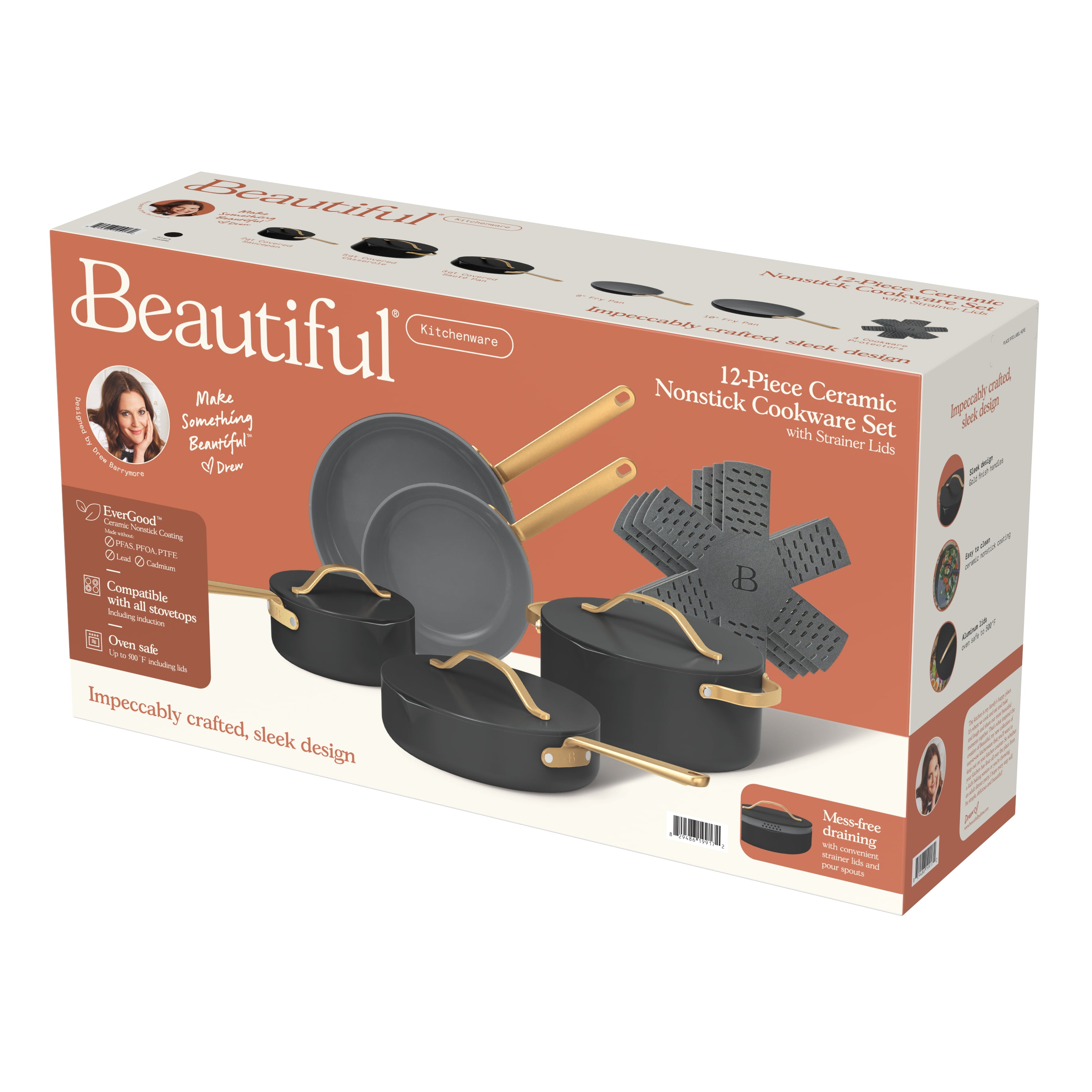 Beautiful 12-Piece Ceramic Nonstick Cookware Set, Pots and Pans with Strainer Lids, Black Sesame by Drew Barrymore