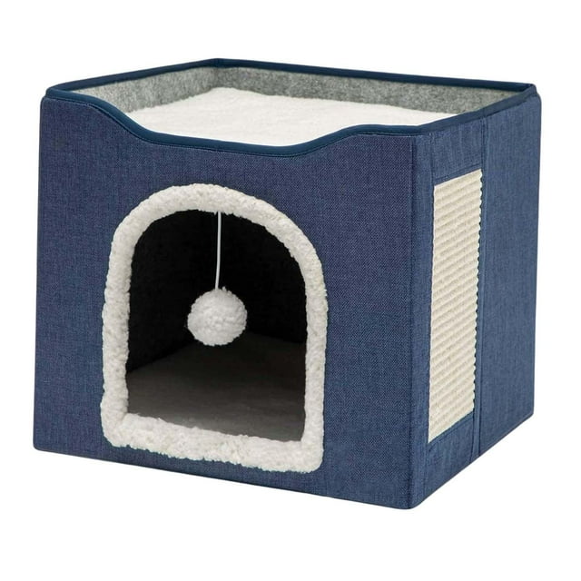Cama plegable para gatos, cueva de juego interactiva, casa universal para gatos de invierno Azul oscuro