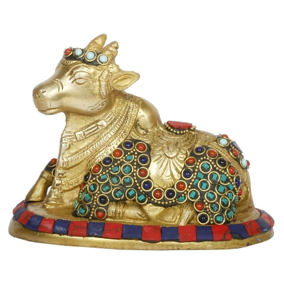 Brass World Shiv Ji Parvati Vehicle Nandi Bull Statue Brass with Color Stone Handwork Idol Shiva Devotee Seated Sculpture Showpiece Decorative Home Decor Office Temple 5.5 Inches