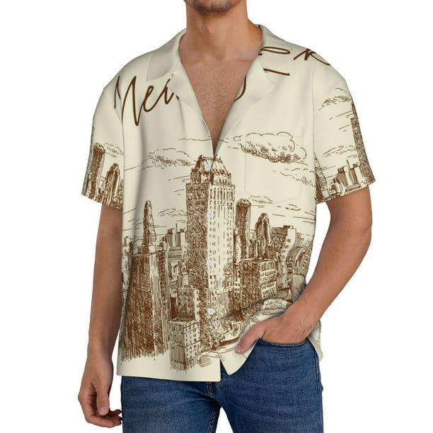 Fotbe New York Camisa Estampada de Manga Corta para Hombre, Casual de Verano, Estilo Playero, Sin Arrugas-Large