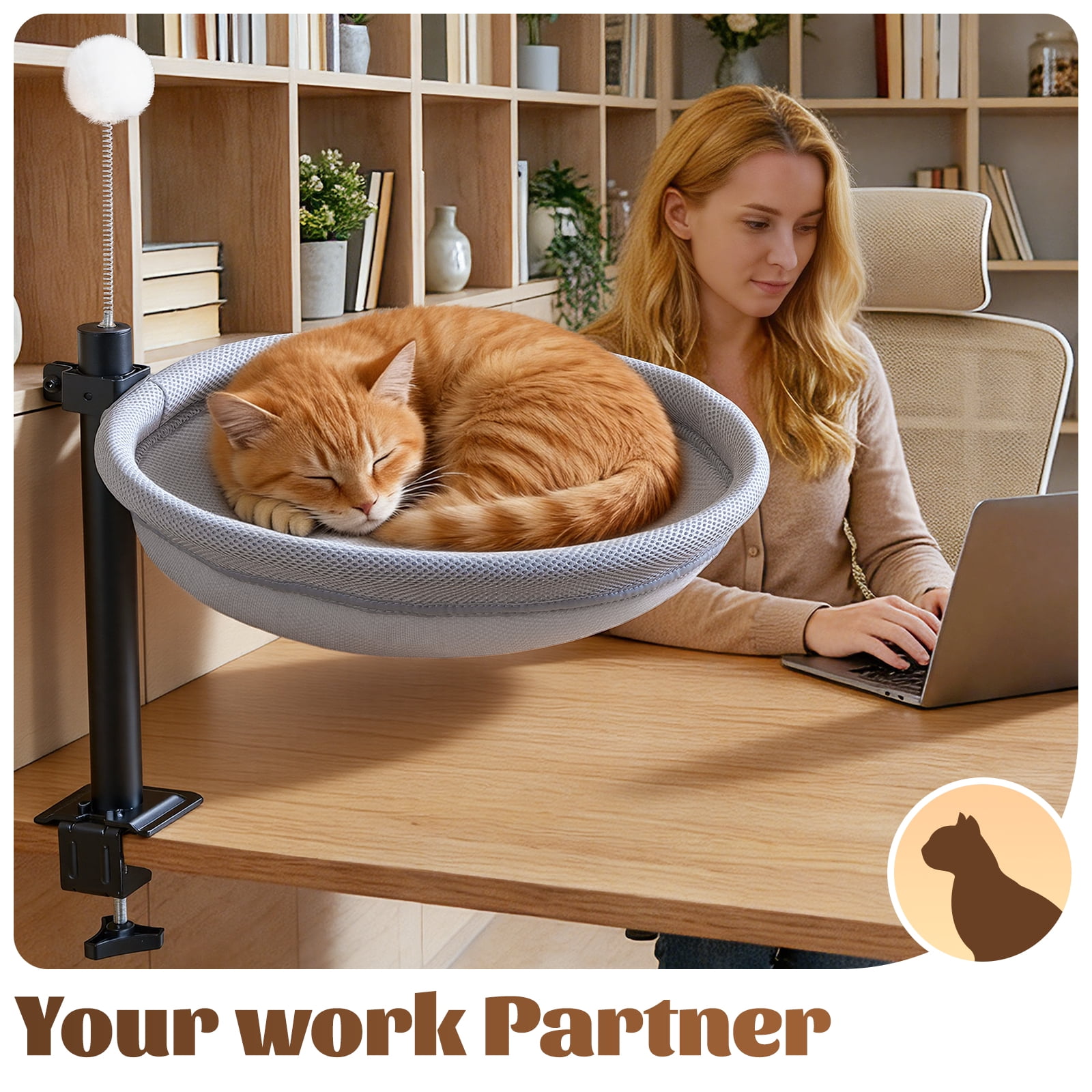 Cat Desk Bed with Interactive Hanging Ball, 360° Rotating & Height Adjustable Cat Hammock Perch, Cats Bed for Desk with Removable Washable Cover for Home Office Indoor Cats