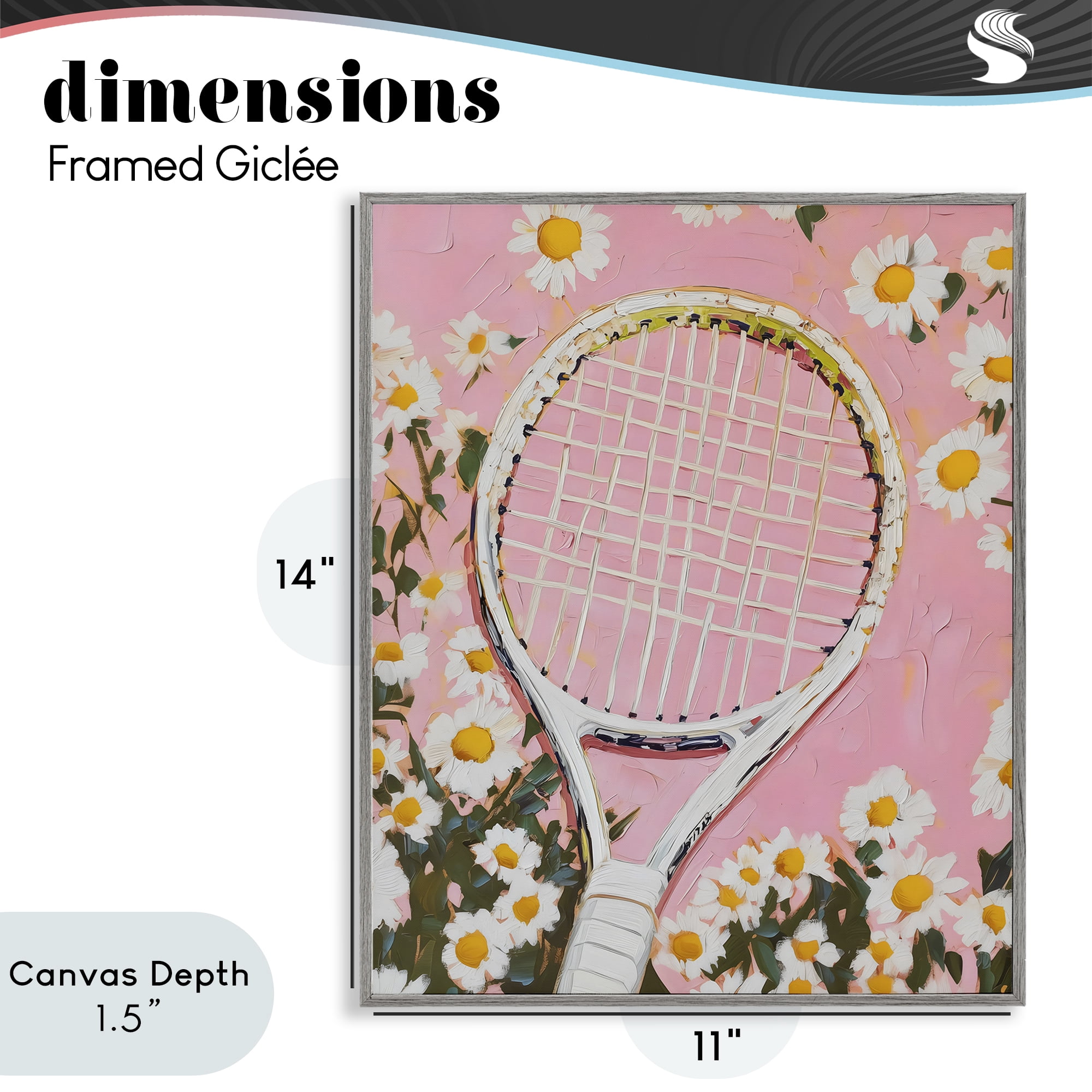 Stupell Industries Pink Tennis Racket & Daisies Gray Framed Giclee Art, design by LSR Design Studio