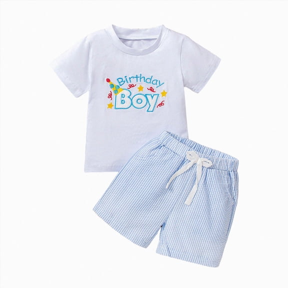 CAICJ98 Toddler Baby Boy First Birthday Outfit Short Sleeve Shirt Plaid Shorts Sets Summer Birthday Clothes 2Pcs (Sky Blue,12-18 Months)