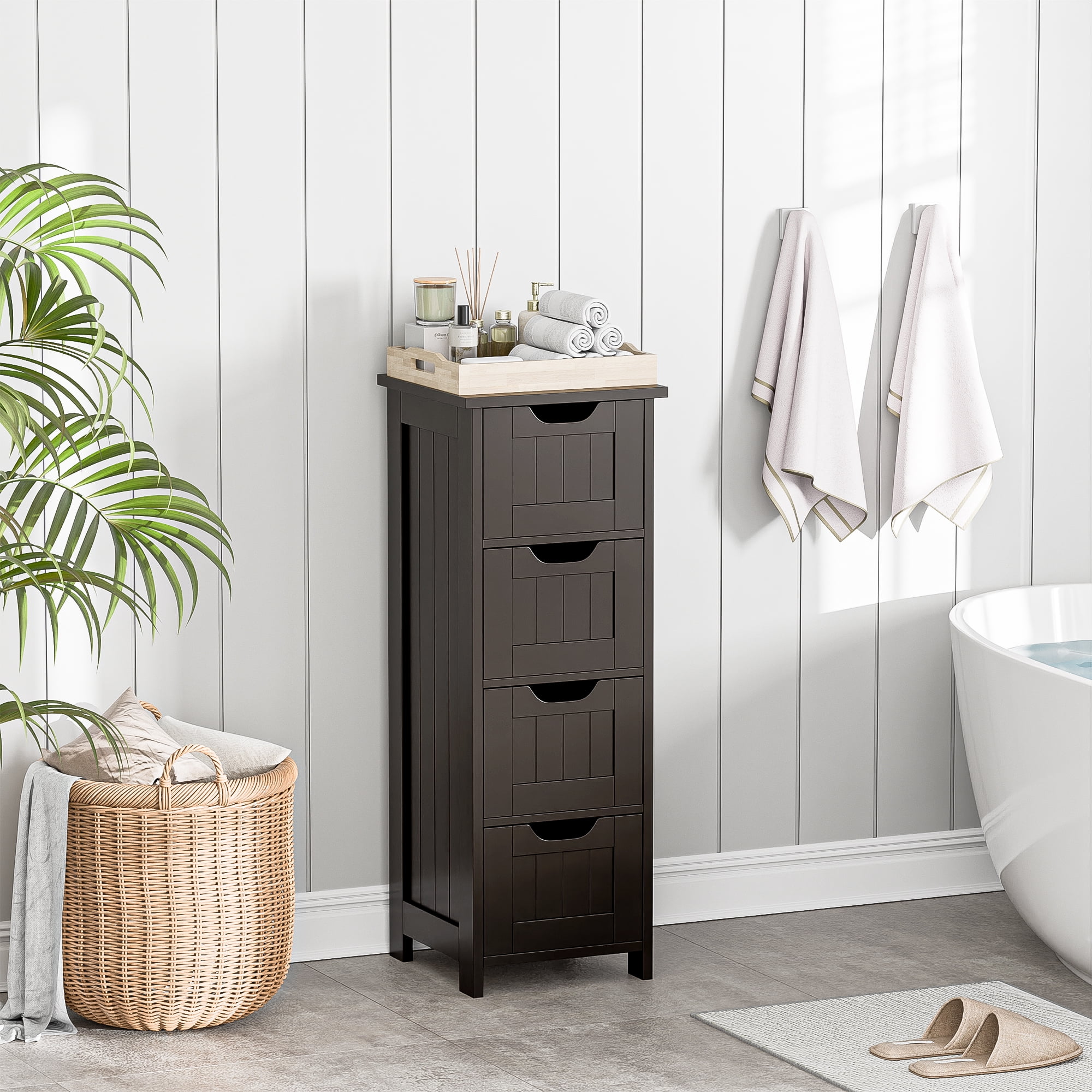 SuperDeal 4-Drawer Bathroom Storage Cabinet – Freestanding Wood Organizer Waterproof Small Side Cabinet for Home Living Room, Coffee Brown
