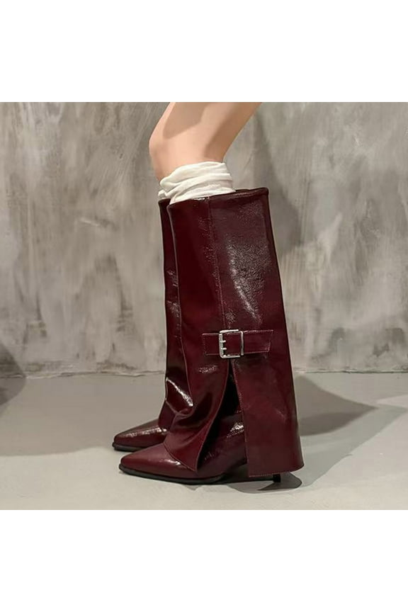 Women's Knee High Boots Pointed Toe High Heel Winter Boots for Women Trouser Style Casual Comfortable Slit Detail Red 40