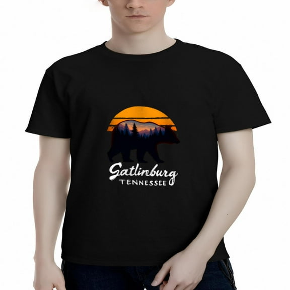 Men's Cotton Short Sleeve T-Shirt - Bear Silhouette Graphic with Mountains & Sunset - Gatlinburg Tee Top