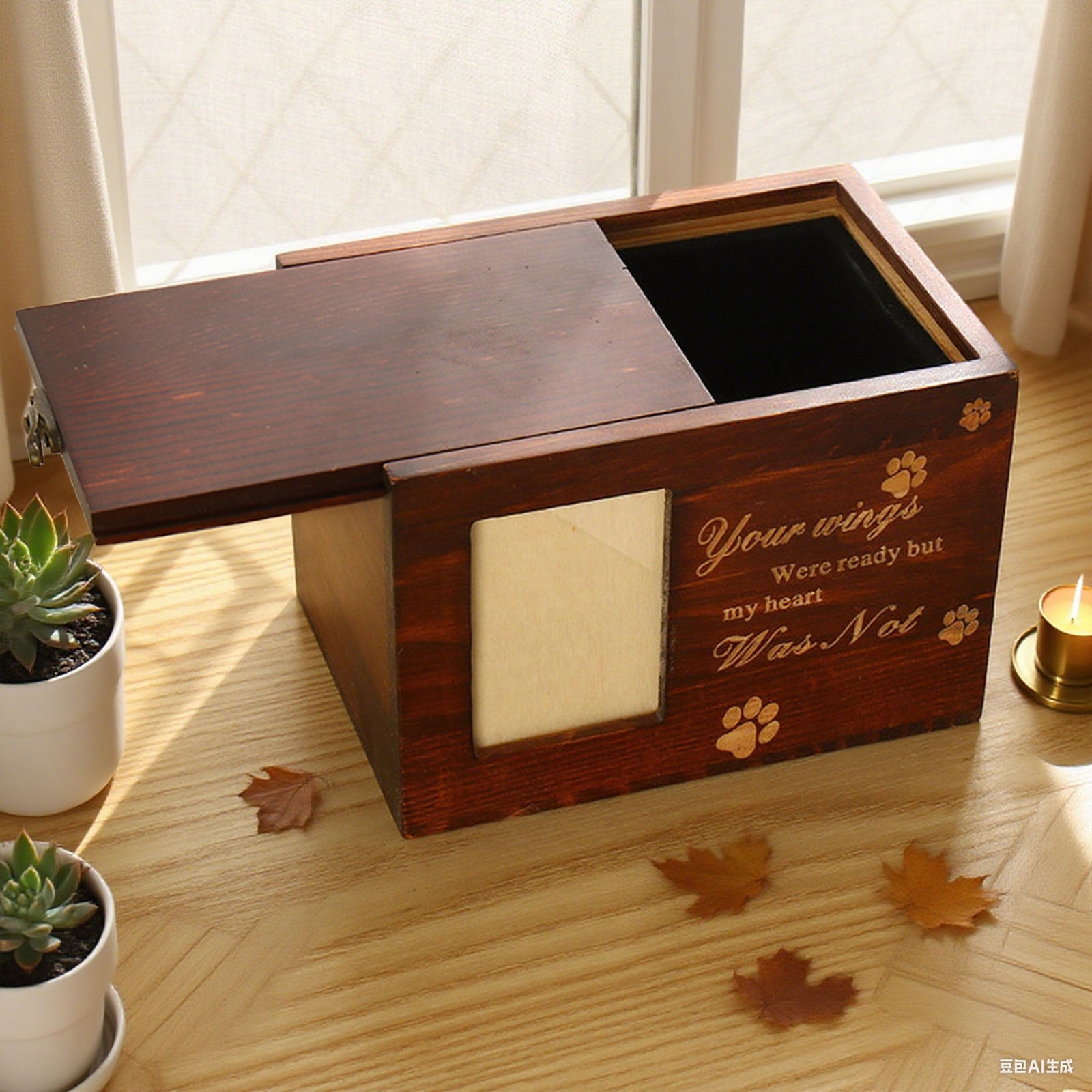 Wooden Pet Urn for Dog or Cat Ashes - Memorial Cremation Urn with Photo Frame, Keepsake Memory Box with Flannel Lining, Pet Sympathy Remembrance Gift
