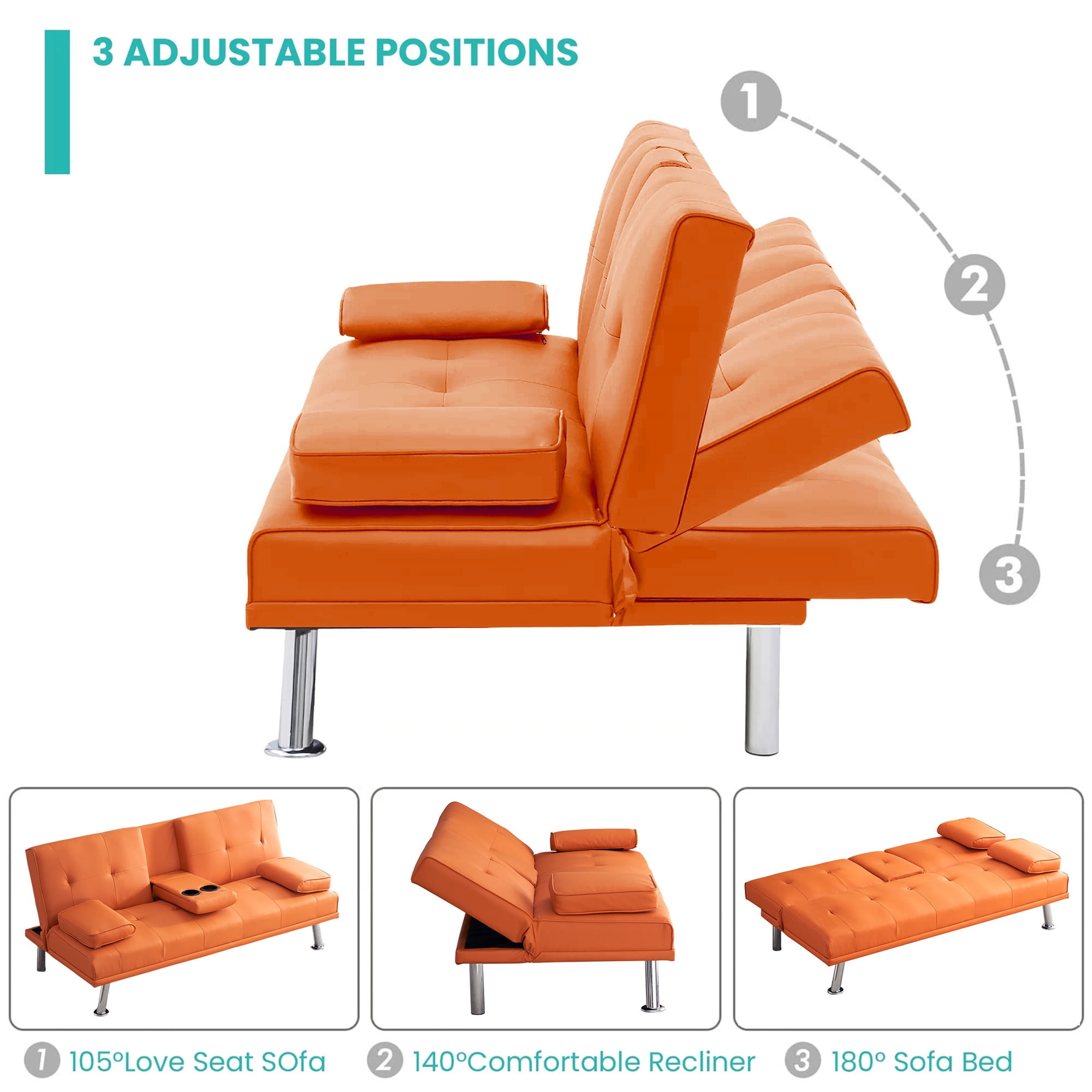 Aukfa Convertible Futon Sofa Bed with Cupholder&Pillow for Home Office Twin Size, Leather, Orange