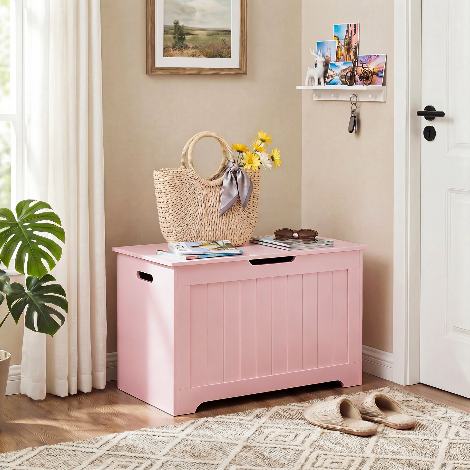 SuperDeal 30-Inch Lift Top Storage Chest Wooden Home Organizer Bench with Safety Hinged Lid Large MDF Toy Box Entryway Bedroom Living Room, Pink