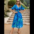 thumbnail image 4 of Vestidos de Verano para Mujer 2025, Informales, con Mangas Abullonadas, Cuello en V, Florales, Estilo Bohemio, Vestido . Azul L, 4 of 10
