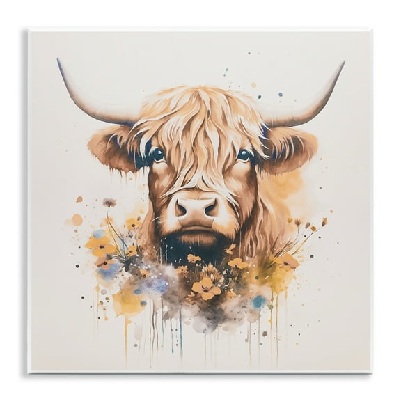 Stupell Industries Fancy Florals Highland Cow Animals Painting Unframed Art Print Wall Art, 12 x 12