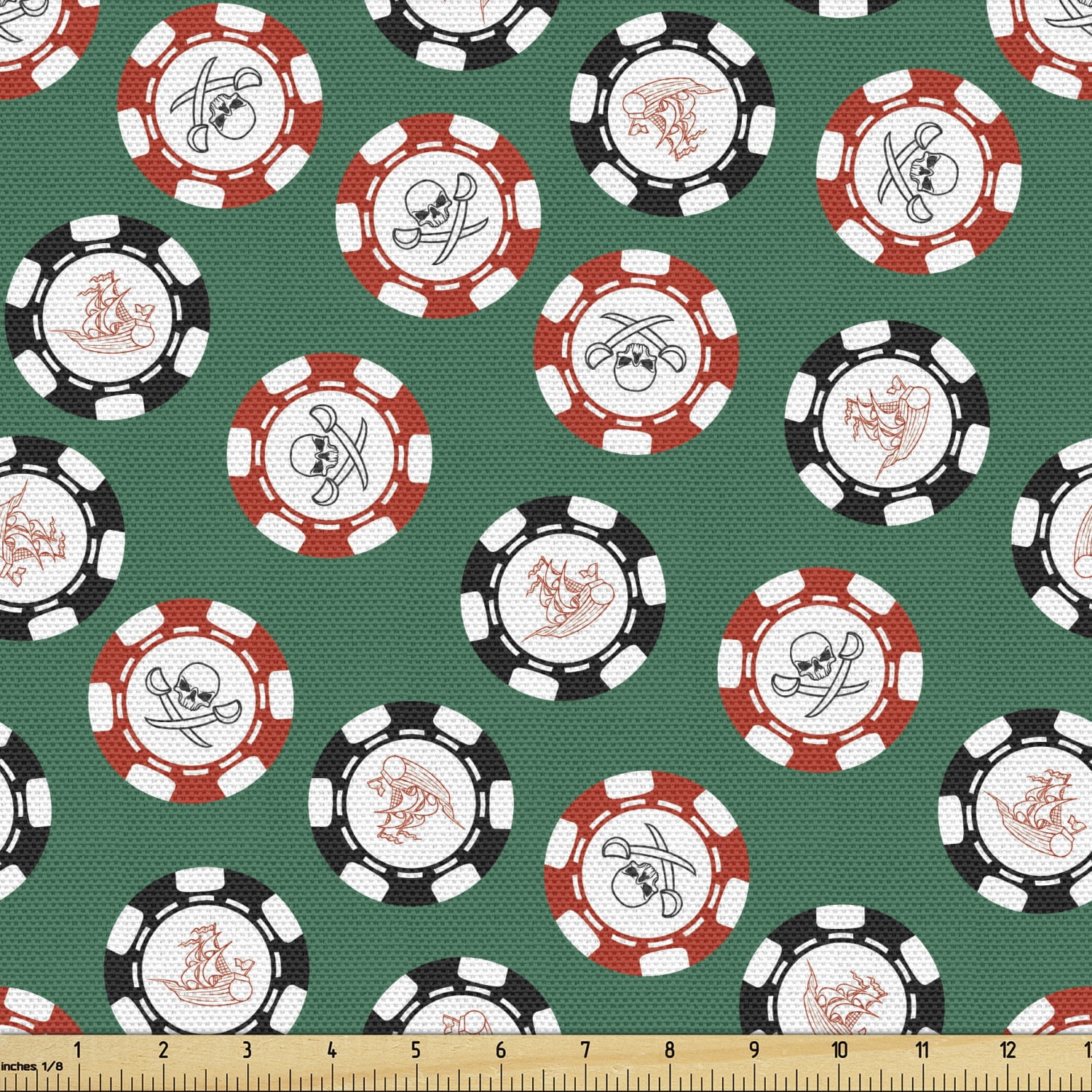 Casino Fabric by the Yard, Poker Chips Pirates Money Diagonal Bones Skull Risk Art, Decorative