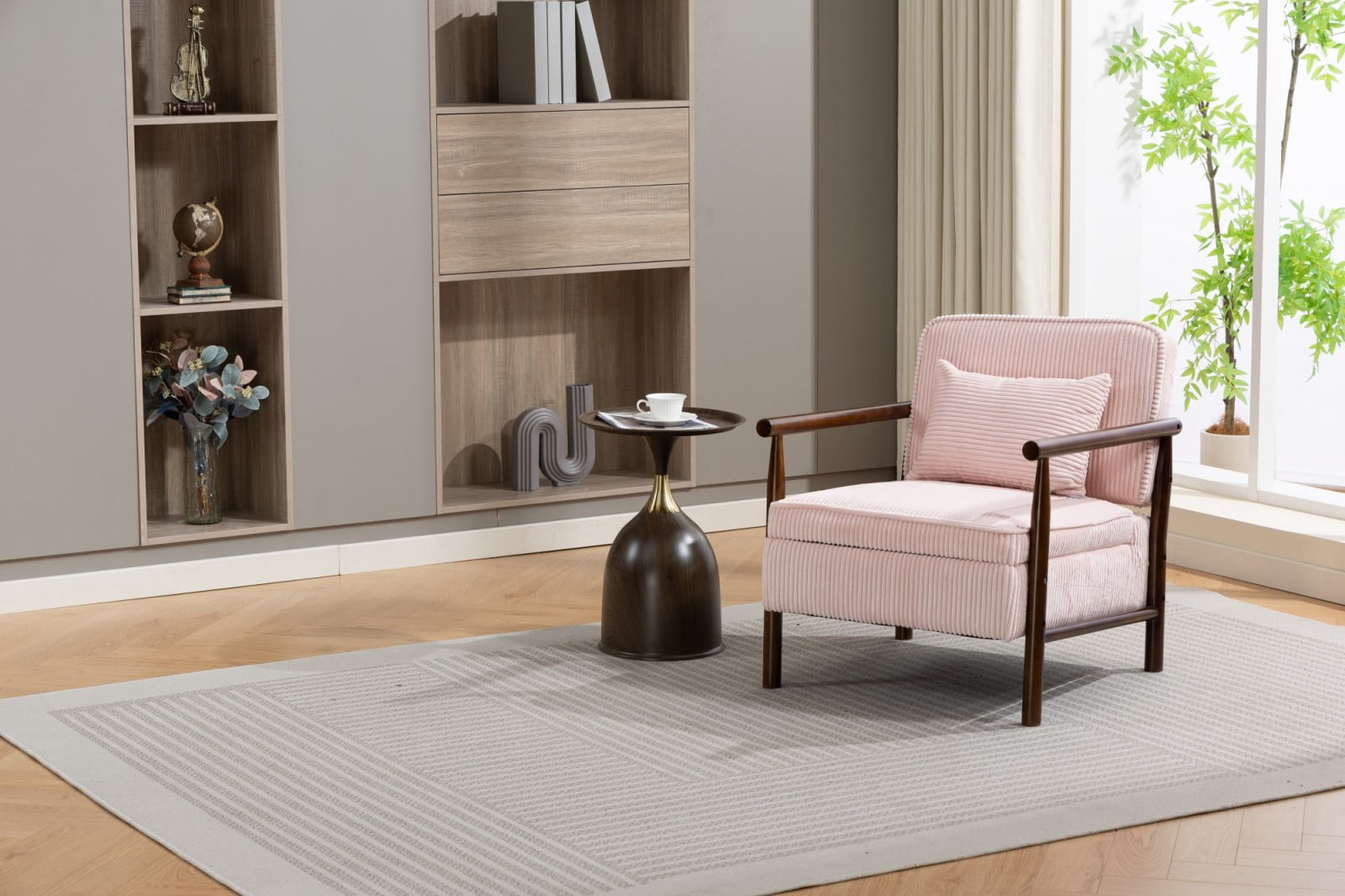 Storage Accent Chair Mid Century Modern Upholstered Armchair with Wood Frame & Waist Cushion for Living Room Bedroom Sunroom, Light Pink