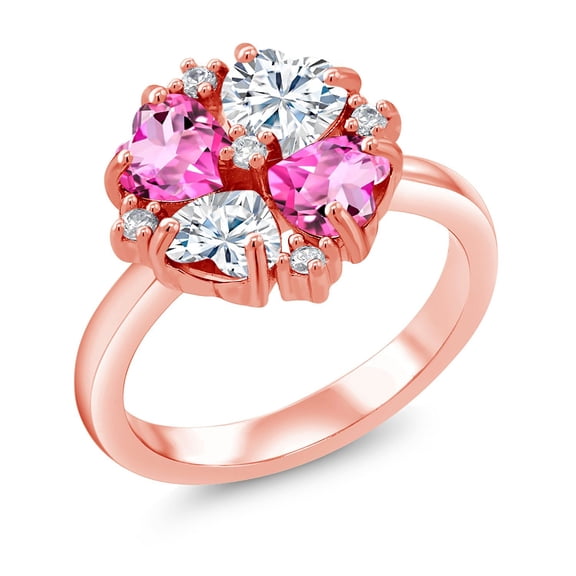 Gem Stone King 18K Rose Gold Plated Silver Pink Mystic Topaz and White Moissanite Ring for Women (2.12 Cttw, Heart Shape 5MM, Gemstone November Birthstone, Size 7)