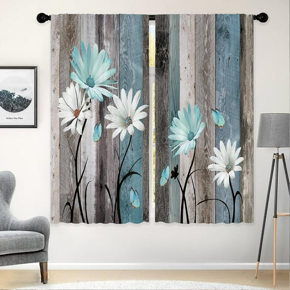Teal Farmhouse Daisy Curtains, Wooden Flower Window Curtains 42x63 Inch for Bedroom Living Room Decor, Rustic Floral Butterfly Country Drapes Treatment Draperies Fabric Rod Pocket (2 Panels