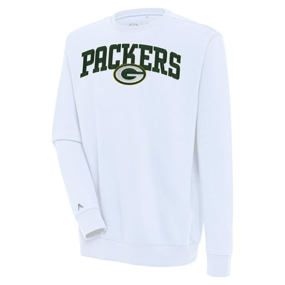 Men's Antigua White Green Bay Packers Victory Chenille Pullover Sweatshirt
