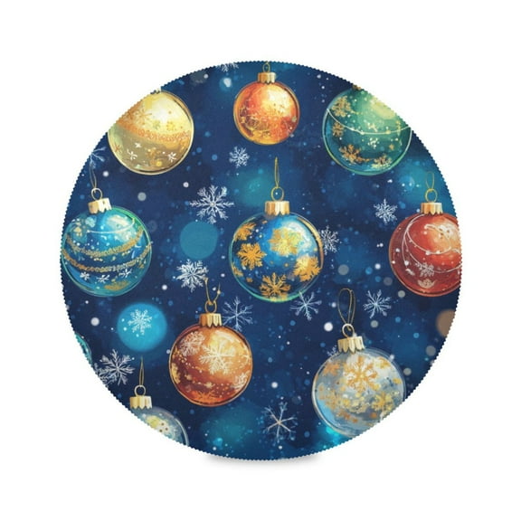 WOBOGO Christmas Glass Ball Pattern on Blue Background Round Placemats Set of 6 Heat Resistant Washable Kitchen Table Decorations 15.4in