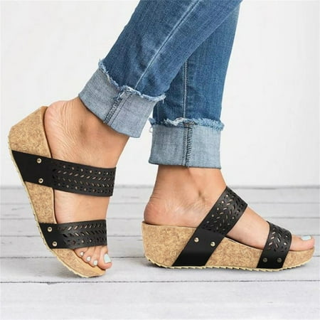 

Women s Summer Slip-On Wedges Hollow Out Beach Open Toe Breathable Sandals Shoes Beach Slippers Black 10