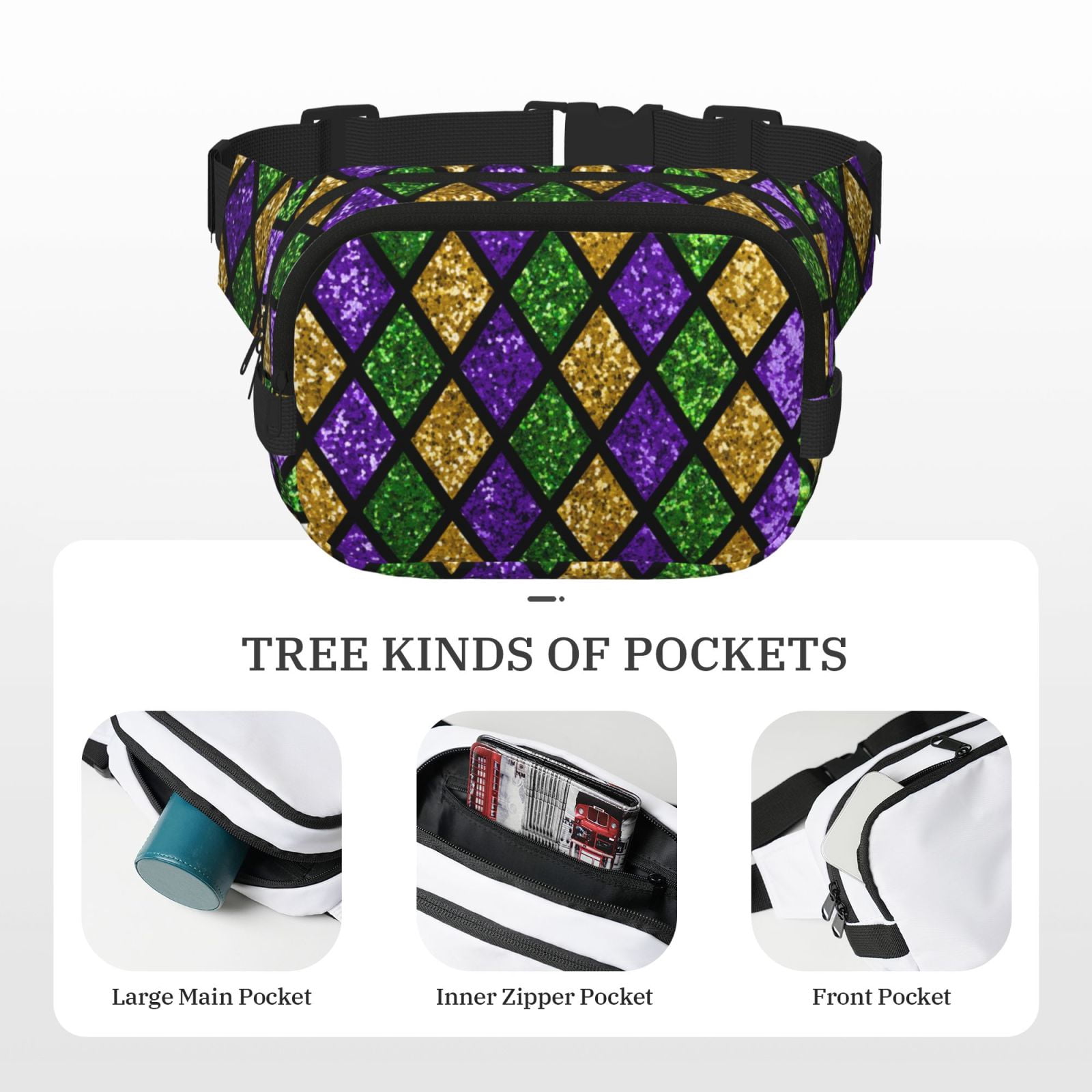 Fuzoiu Mardi Gras Shiny Green Purple Print Unisex Square Double Layer Waist Bag,Crossbody Fanny Pack Travel Workout Accessory