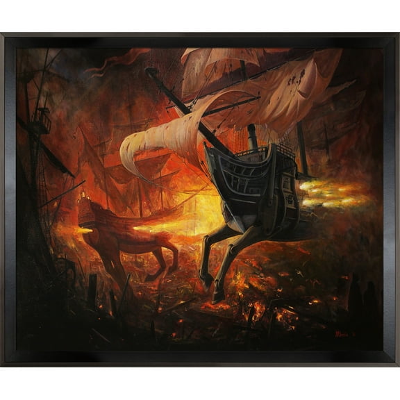 La Pastiche Adrian Borda Spanish Galions on Fire Framed Fine Art Print - Brown