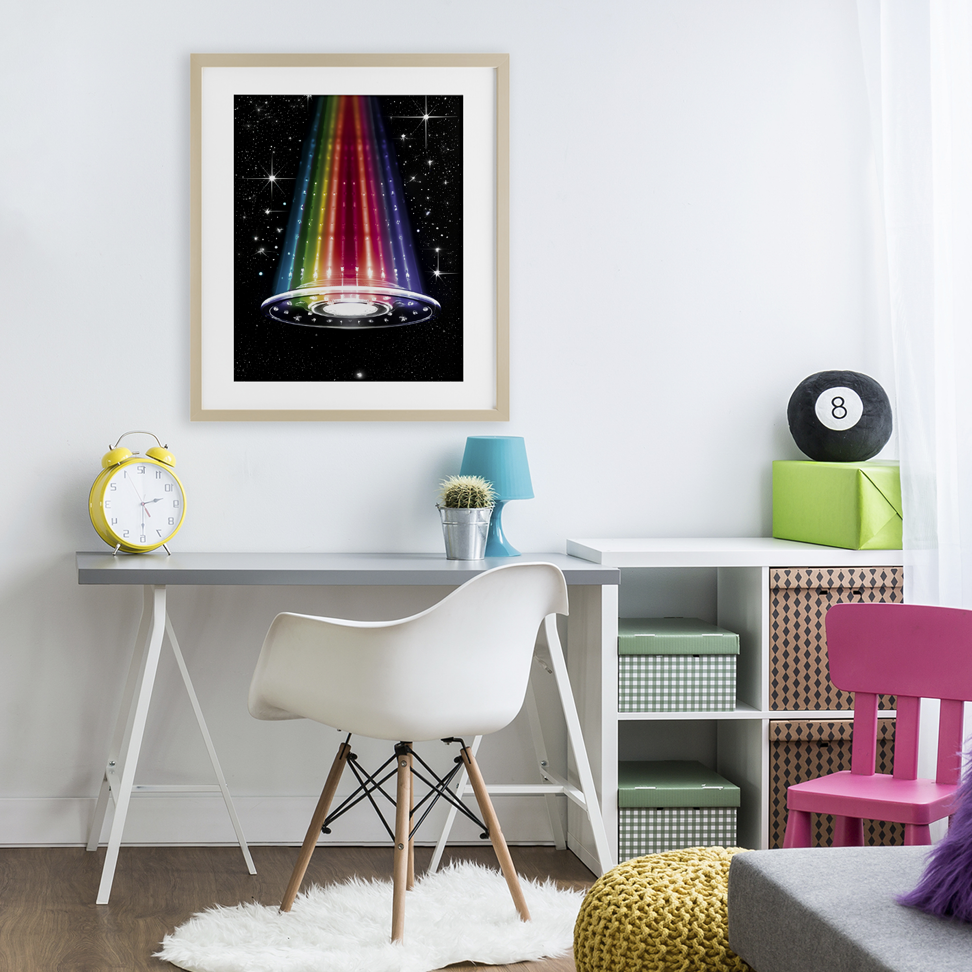 Rainbow Galaxy UFO Birch Framed Print Under Glass, design by Sasha