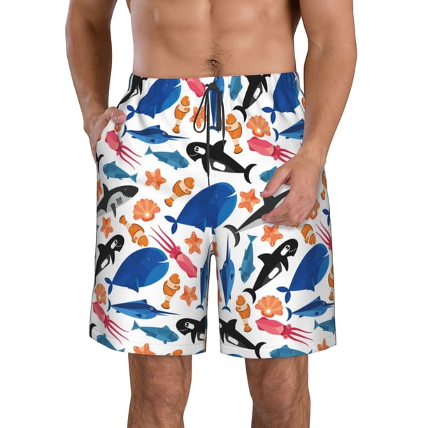 Balery Cute Sea Animals Traje de Baño Estilo Hawaiano para Hombre, Shorts de Secado Rápido con Bolsillos-Large