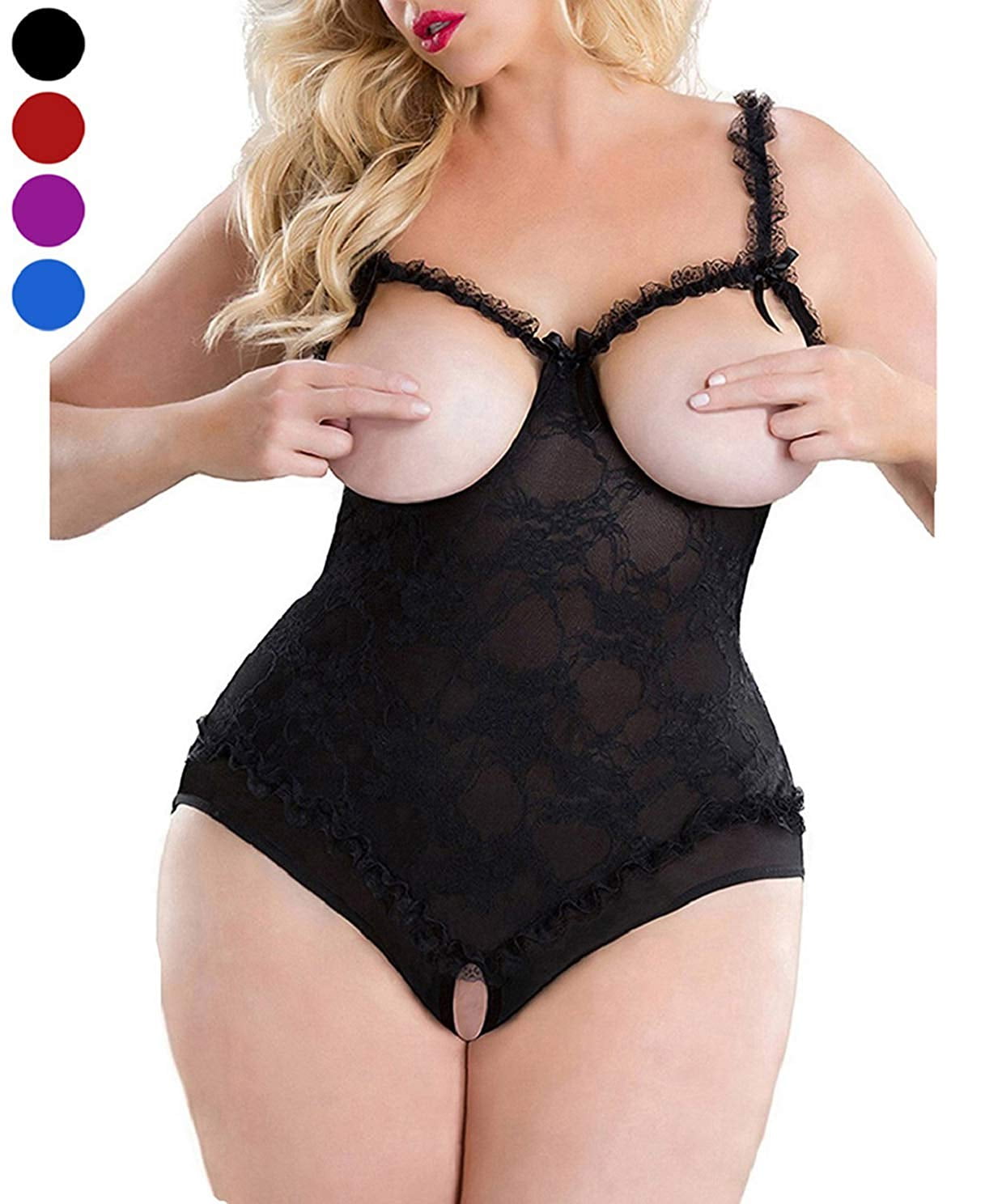 Women Open Cup Lingerie - Sexy Lace One-Piece Teddy Bodysuit Nightie Plus  Size Black L - Walmart.com