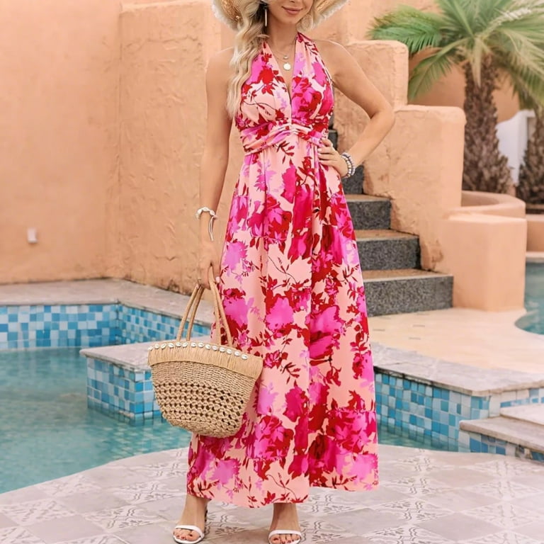 Easter Dresses For Women, Hawaiian Halter V Neck Floral Backless
