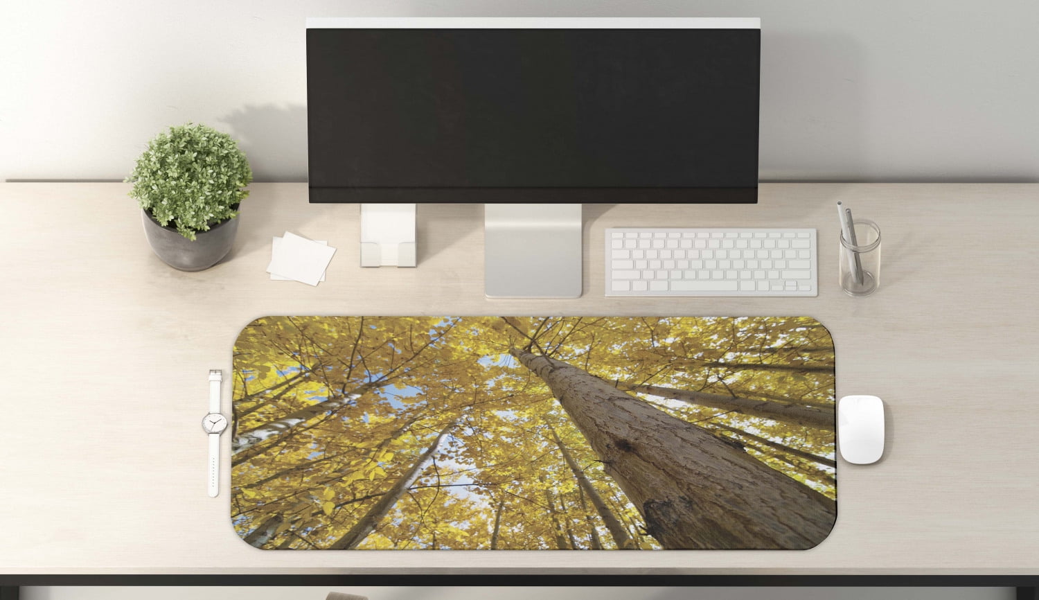 Ambesonne Fall Computer Mouse Pad, Bunch of Autumn Leaves on Shabby Wood Surface September October Nature Themed, Rectangle Non-Slip Rubber Mousepad X Nature Computer Mouse Pad, Image of up View of Fall Aspen Tree