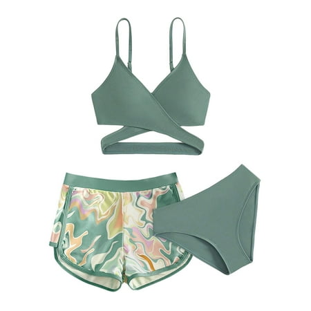 HUCOAE 3PCS Bathing Suit For Teen Girls Bathing Suits For Girls Girls Swimsuit 3 Piece Bathing Suit Criss Cross Bikini Set Girls  Swimwear With Shorts AG 11-12 Years