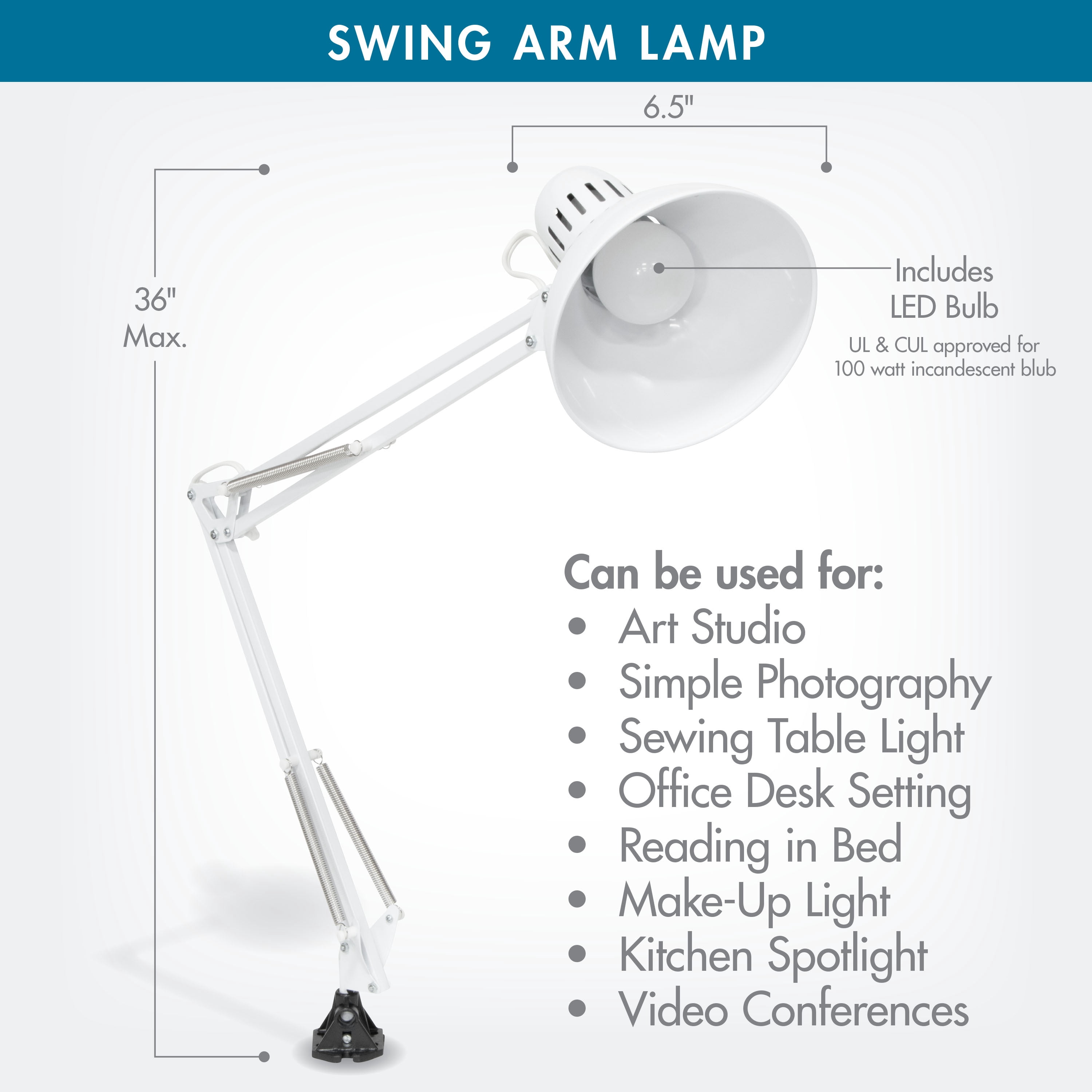 Studio Designs Metal Adjustable Desk Lamp with LED Bulb and Clamp Base
